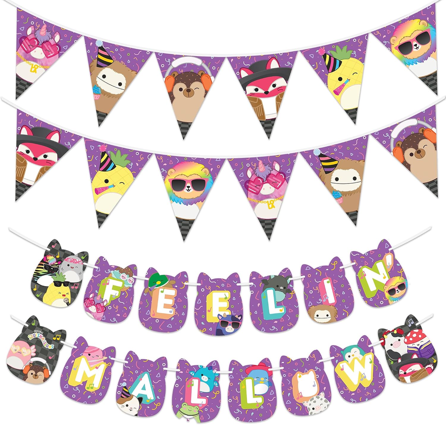 Treasures Gifted Officially Licensed Club Squishmallows Party Supplies Set of 3 Pre-strung Banners - (1) Birthday Banner & (2) Triangle Pennants - Squishmallows Birthday Decorations
