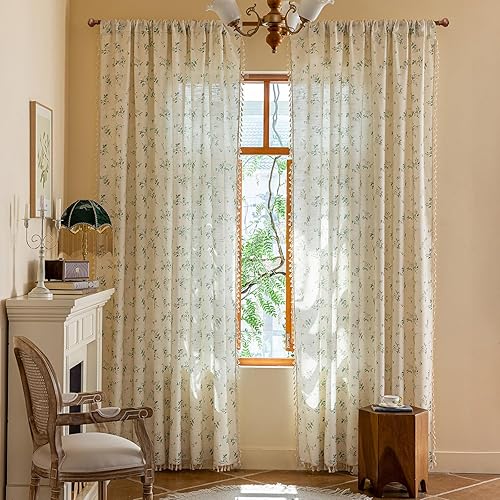 Miniatura 2 de Cortinas de lino con textura para sala de estar, cortinas de ventana semiopacas con borlas, juego de cortinas con diseño geométrico para dormitorio,