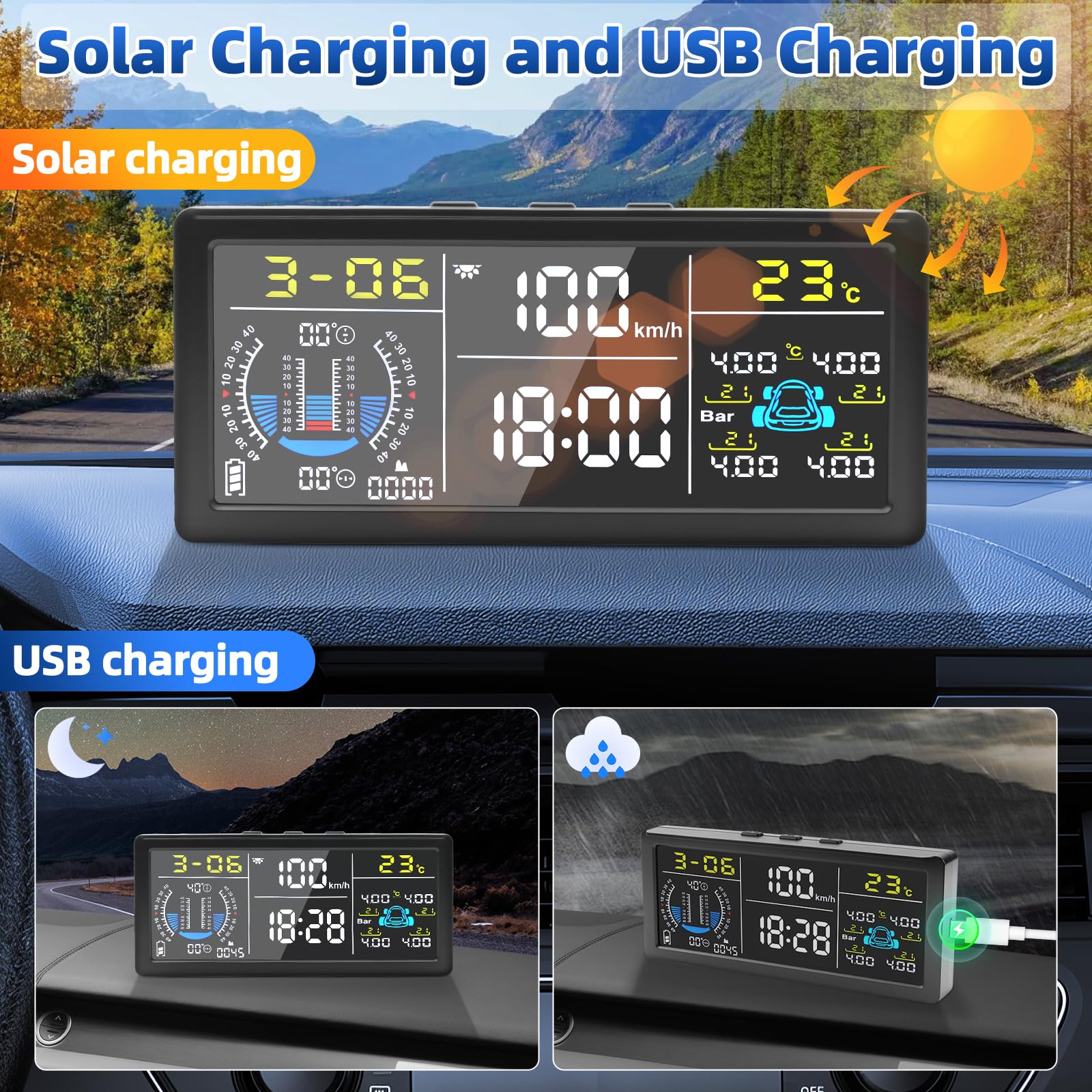 Sistema de Monitoreo de Presión de Neumáticos TPMS 0-199psi, Solar USB, Sensores de Núcleo de Cobre, 6 Modos de Alerta Incluyendo Alerta de Exceso de Velocidad Vehículo Remolque Caravana