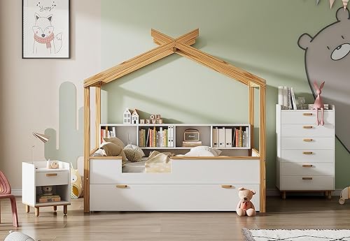 Miniatura 18 de KLMM Cama de madera de tamaño matrimonial con valla y puerta, marco de cama de madera para niños o niñas, se puede decorar (valla blanca + puerta)