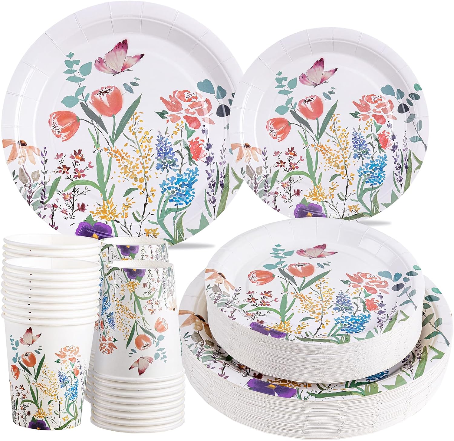 I00000 150 Pcs Wildflower Party Plates Set,50 Flower Dinner 9'',50 Wild Floral Plates 7'' with 50 Paper Cups Set for Wedding Baby Shower Tea Party,Perfect for Serve 50 Guests Red Flower Butterfly