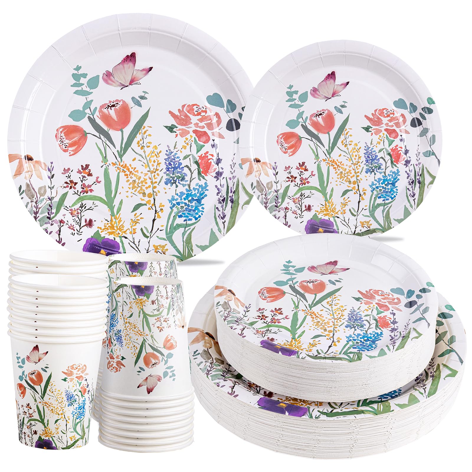 I00000 150 Pcs Wildflower Party Plates Set,50 Flower Dinner 9'',50 Wild Floral Plates 7'' with 50 Paper Cups Set for Wedding Baby Shower Tea Party,Perfect for Serve 50 Guests