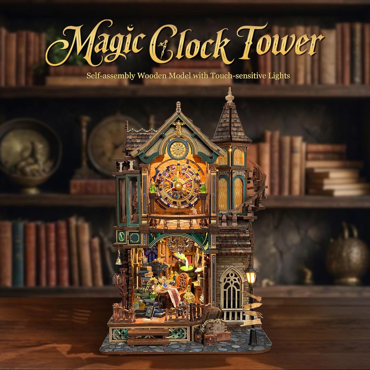 Book Nook Kit Magic Clock Tower 3D Wooden Puzzle for Adults, DIY Miniature House Kit with LED Lights, Creative Home Decor Gift for Display
