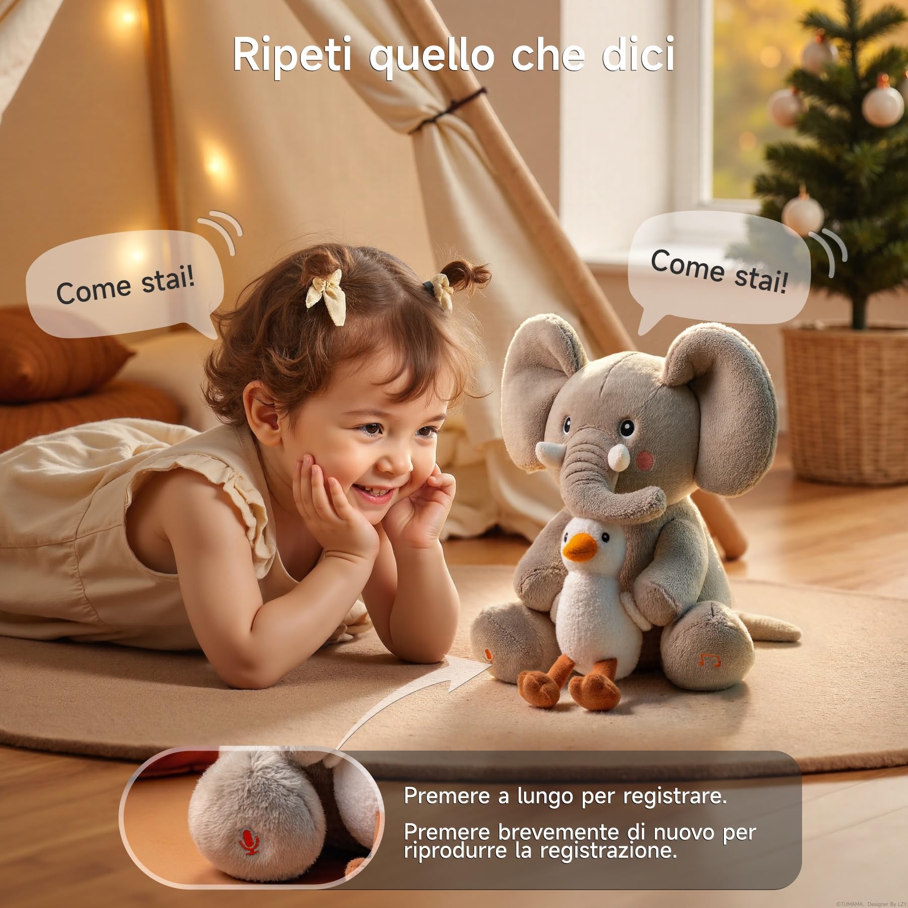 TUMAMA KIDS Giocattoli Elefante Che Balla e Ripete, Peluche Interattivo Animali Parlante Paperella, Elettronico Giocattolo Coccoloso, Copia Parlano, 6 Musica, Testa Ondulante per bambini 3 4 5 8 Anni