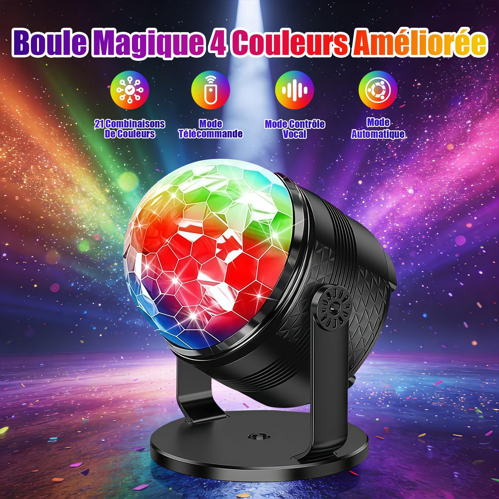 Jeux de Lumiere pour Soiree, Boule Disco Tournante à 360° + eu de Lumiere Soiree DJ avec Contrôle Musical, Jeux de Lumière RVB avec Télécommande pour Fête, Anniversaire, Karaoké (2 Pièces)
