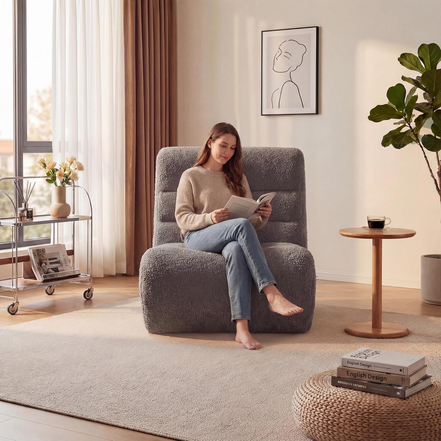 Flamaker Bean Bag Chairs for Adults, Chaise Lounge Chair Indoor with Memory Foam, Cozy Reading Chair with Convenient Movable Handle for Living Room, Apartment, Home Theater (Grey)