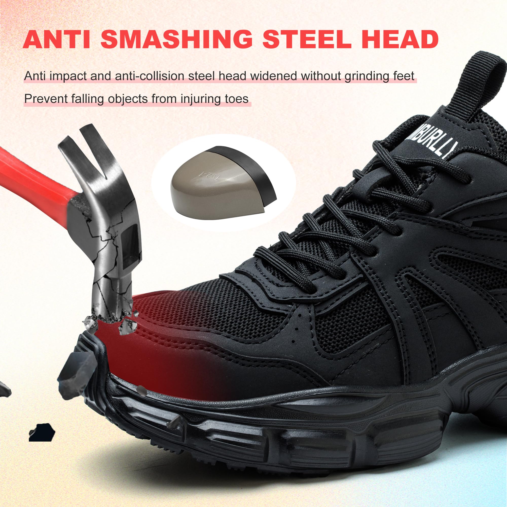 Sicherheitsschuhe für Damen, Stahlkappe, Sneaker, Arbeitssicherheitsschuhe, leicht, atmungsaktiv, Industrie-Sneaker, rutschfest, pannensicher, Schwarz , 39 EU