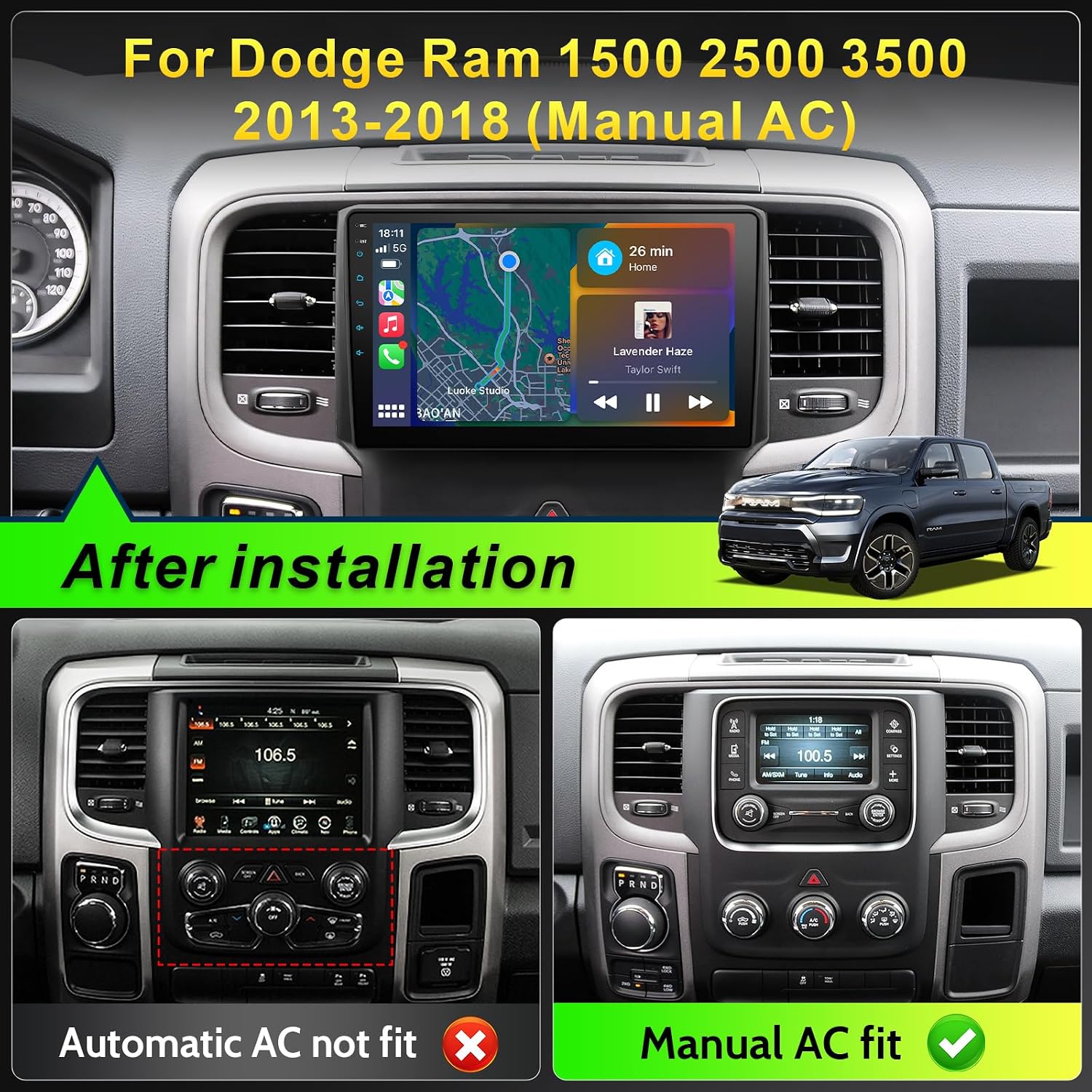 Car Stereo Radio for Dodge RAM 1500 2500 3500 2013 2014 2015 2016 2017 2018 with Wireless CarPlay and Android Auto, 9 inch Touch Screen Radio Replacement AM FM Radio Naviagation image 3