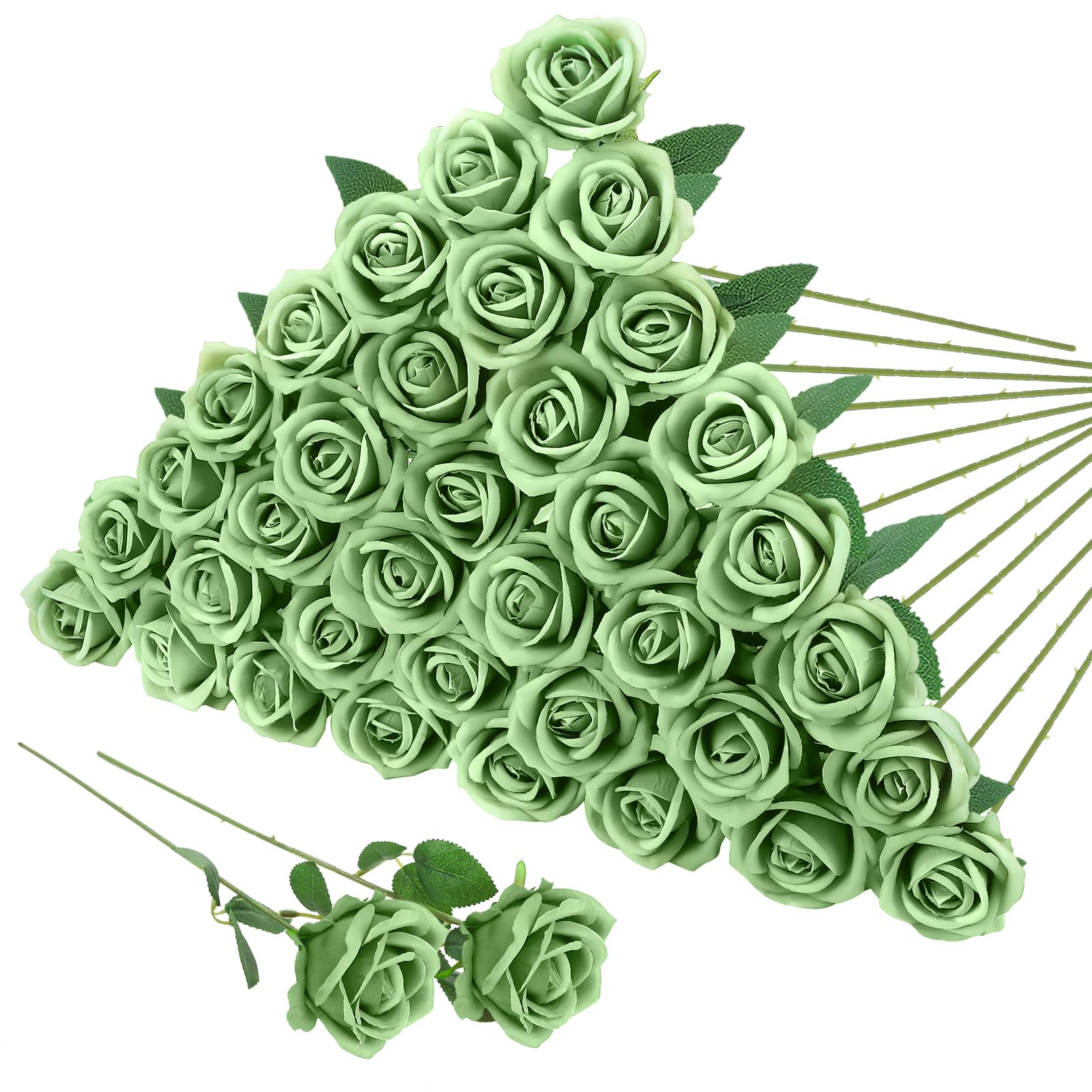 saerryor 36 PCS Green Roses Artificial Flowers, Fake Roses with Stem Realistic Silk Roses for DIY Wedding Bouquets Tables Centerpieces Arrangements Baby Shower Birthday Home Decor — image 1