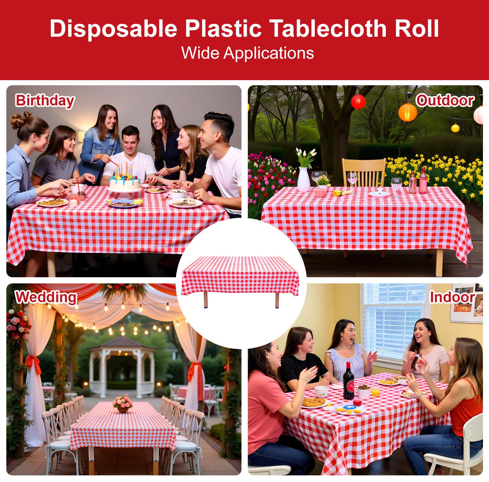 Tovaglia in plastica a rotolo, con comoda scatola scorrevole, tovaglia usa e getta a scacchi rossi per barbecue, feste, compleanni, matrimoni, attività all'aperto con adesivi (rosso bianco