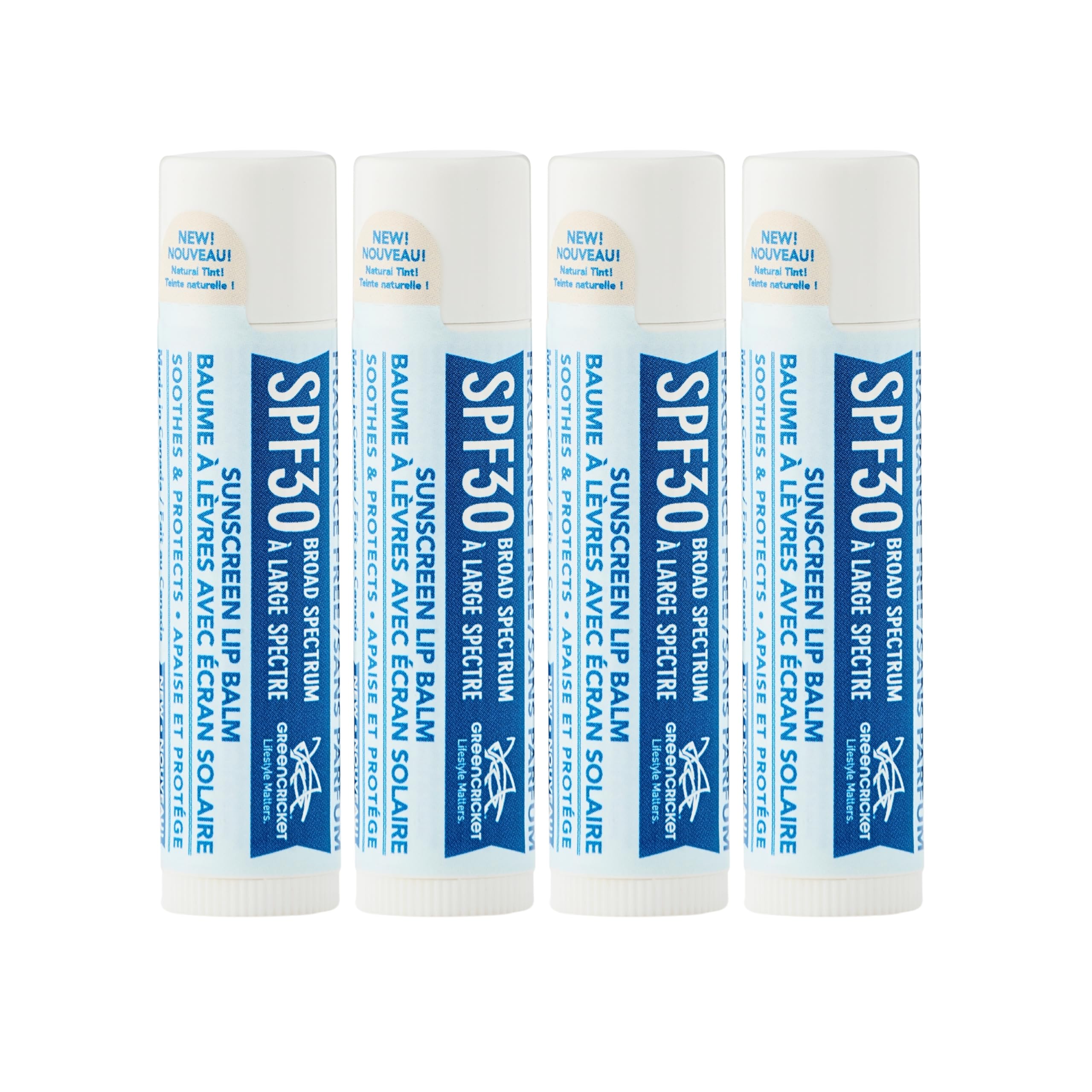 SPF30 Sunscreen Lip Balm by Green Cricket - Natural Lip Balm with UVA/UVB Protection - Soothes and Moisturizes Chapped Lips - For All Skin Types - Fragrance Free, Paraben Free, Cruelty Free - 4 Pack