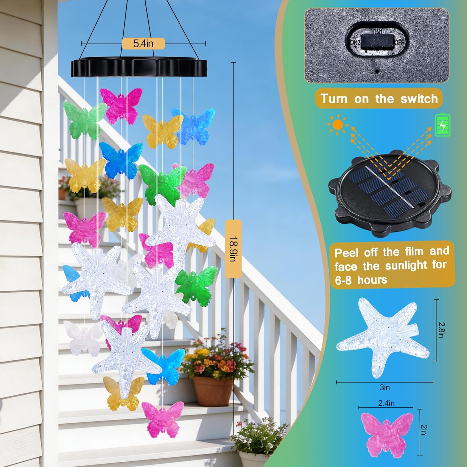 Butterfly Starfish Solar Wind Chimes Hanging Decorative Lights for Outside Outdoor Mobile Wind Chime for Porch Deck Garden Patio Decor, Gift for Women Mom Grandma Sister Wife Girlfriend Neighbors