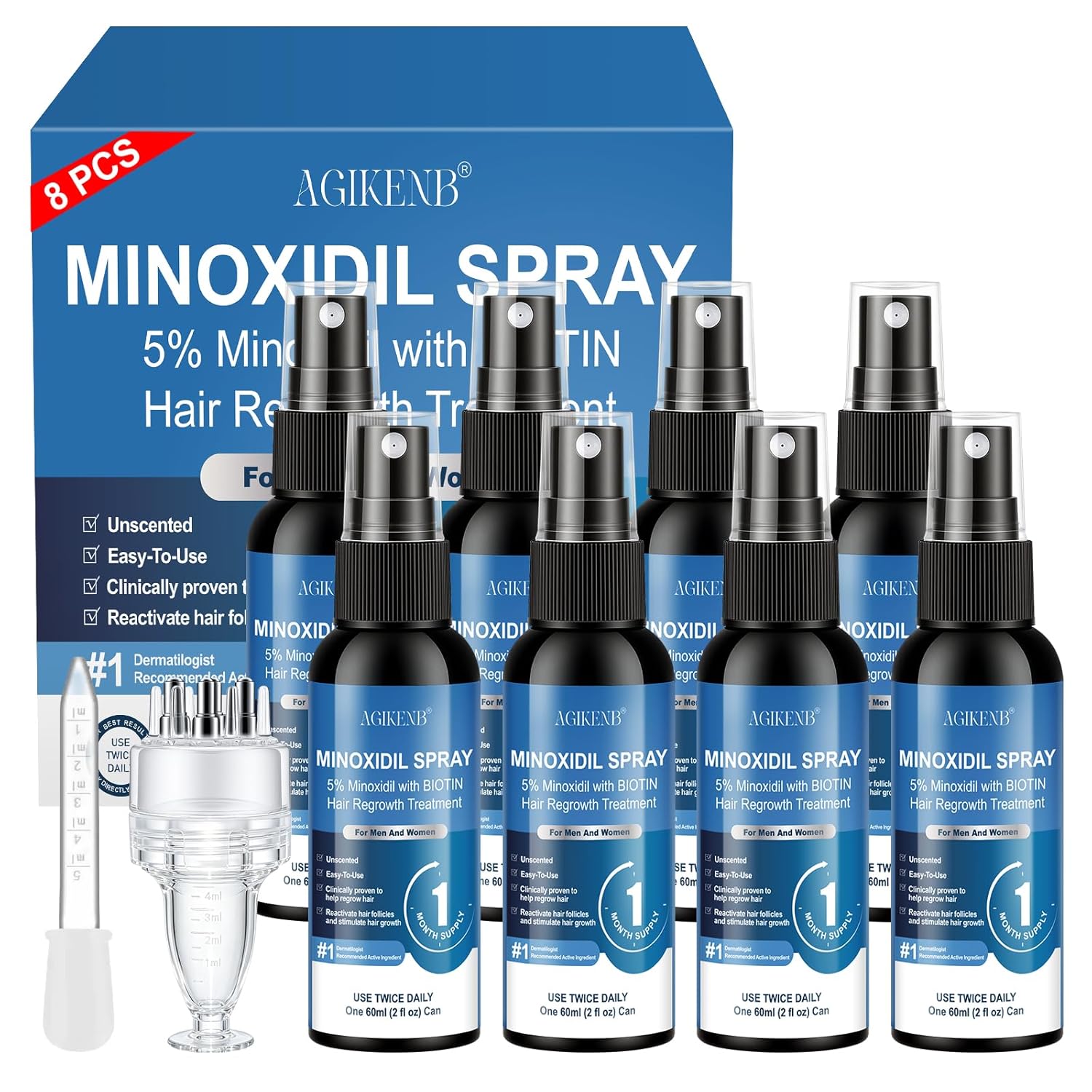 8 Pack 5% Minoxidil Spray for Men & Women – Biotin Infused Hair & Beard Regrowth, Extra Strength to Stop Hair Loss & Thinning, Promotes Thicker, Fuller Hair – 8 Month Supply
