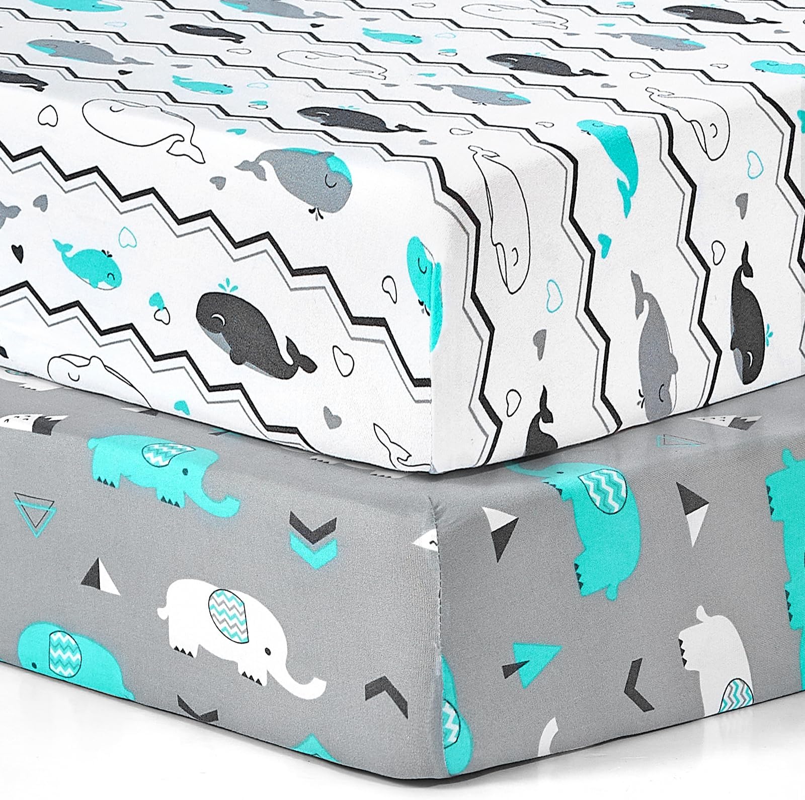 Pack n Play Stretchy Fitted Pack n Play Playard Sheet Set-Brolex 2 Pack Portable Mini Crib Sheets,Convertible Playard Mattress Cover,Ultra Soft Material,Elephant & Whale