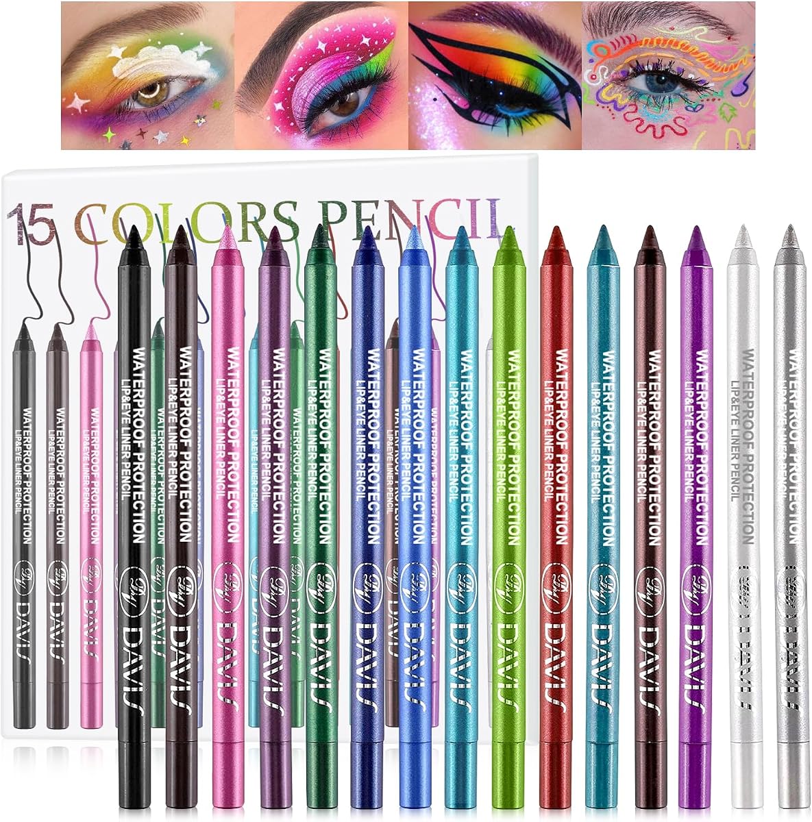 Juego de 15 delineadores de ojos coloridos, lápiz de sombra de ojos, kit de delineador de ojos de perlas, delineador de ojos de color con brillo metálico para mujeres, delineador de ojos y labios, maquillaje de ojos profesional impermeable