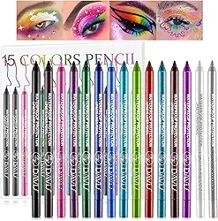 Conjunto de canetas delineadoras coloridas, lápis de sombra de olhos de 15 cores, kit de delineador de olhos de pérola com glitter metálico para mulheres, delineador de olhos e lábios