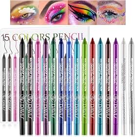 Conjunto de 15 canetas delineadoras coloridas, lápis de sombra, kit de delineador de pérolas, delineador de olhos metálicos com glitter colorido para mulheres, delineador de olhos e lábios