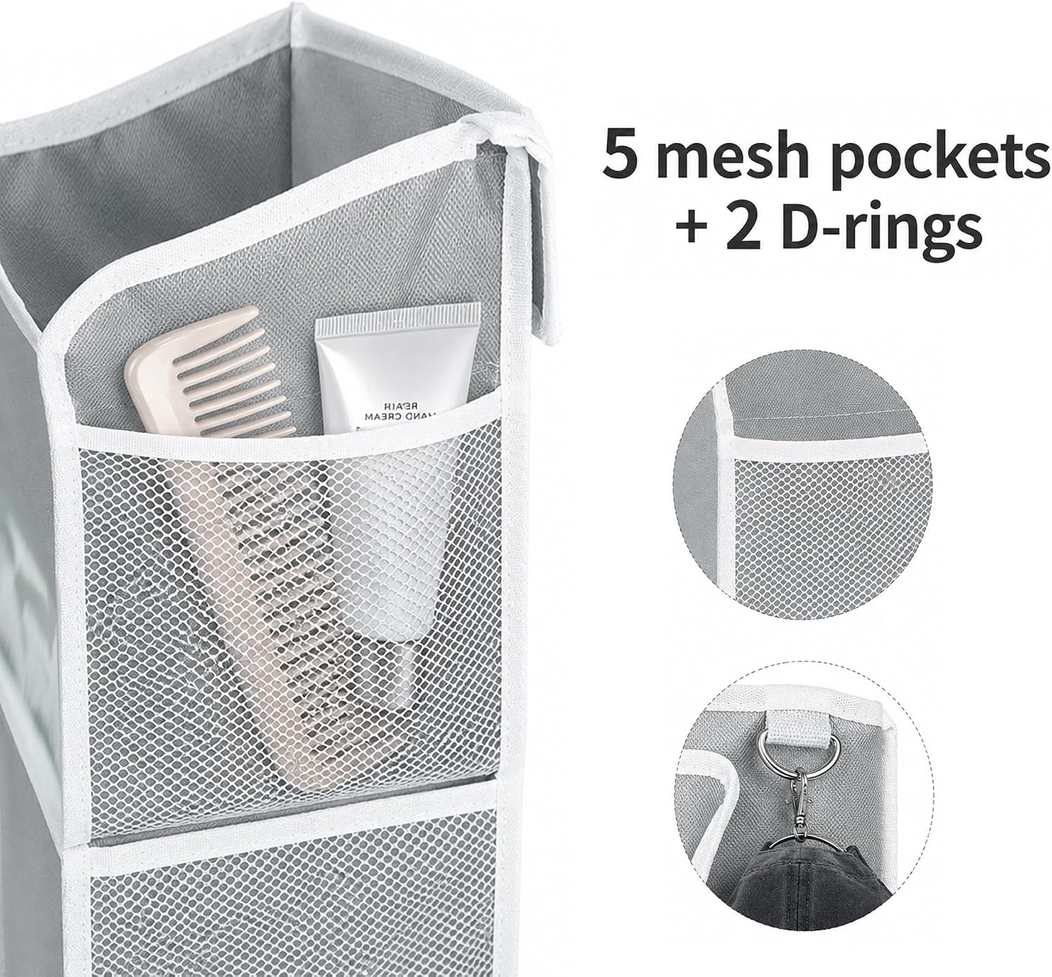 57" Over Door Organizer for Bedroom, Kitchen, Nursery | Clear window, 3+2 layers, 4 no-scratch hooks, 5 pockets & 2 rings. Fits 1.85in, no tools. For bedroom, kitchen, nursery.