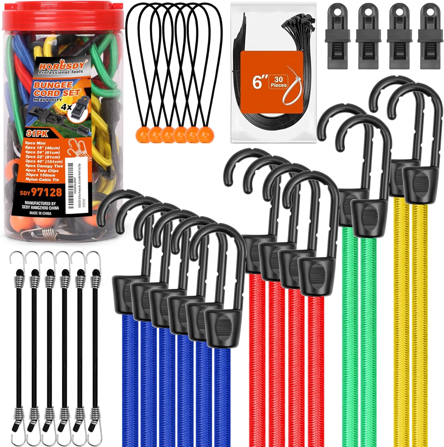 HORUSDY 31-Piece Premium Bungee Cords Assortment Jar