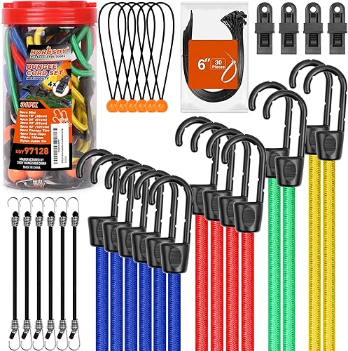 HORUSDY Tarro surtido de 30 cuerdas elásticas de alta calidad incluye cables elásticos de 10 18 24 32 pulgadas 40 pulgadas lazos de bola de toldo de