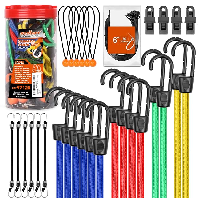HORUSDY 31-Piece Premium Bungee Cords Assortment Jar Includes 10 18 24 32 40 Bungee Cords 6 Zip Ties