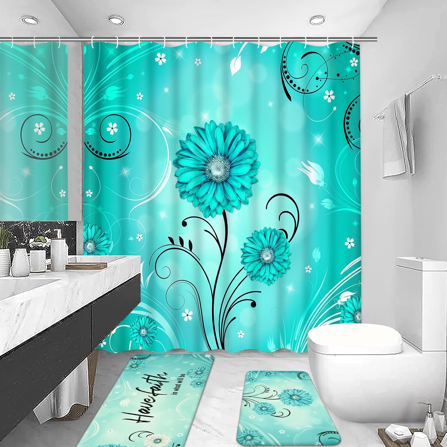 Likiyol 3 Pcs Turquoise Daisy Floral Shower Curtain Sets