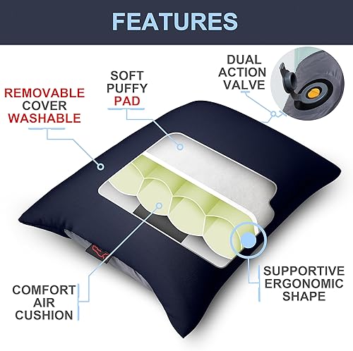 Miniatura 8 de rioyalo X-Foam - Almohada inflable de camping Lite con funda de espuma extraíble, cómoda, lavable, ultraligera, portátil con soporte lumbar para el