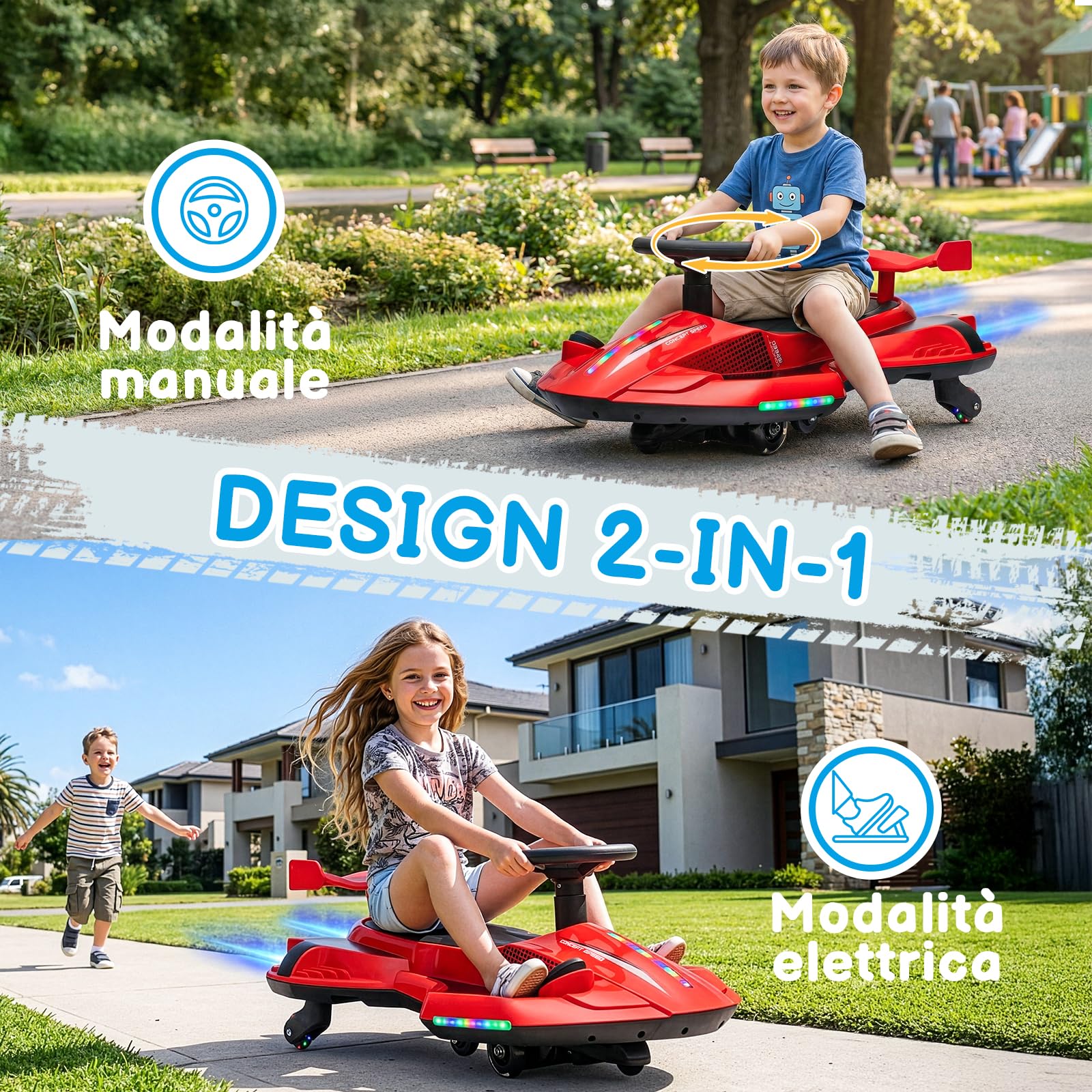 LALAHO Coche Eléctrico para Niños 12V, Coche de batería con Pedal, vehículo eléctrico 2 en 1 con 2 velocidades, Luces LED, protección antivuelco y Ruedas iluminadas, 3 años+ (Rojo-Negro)