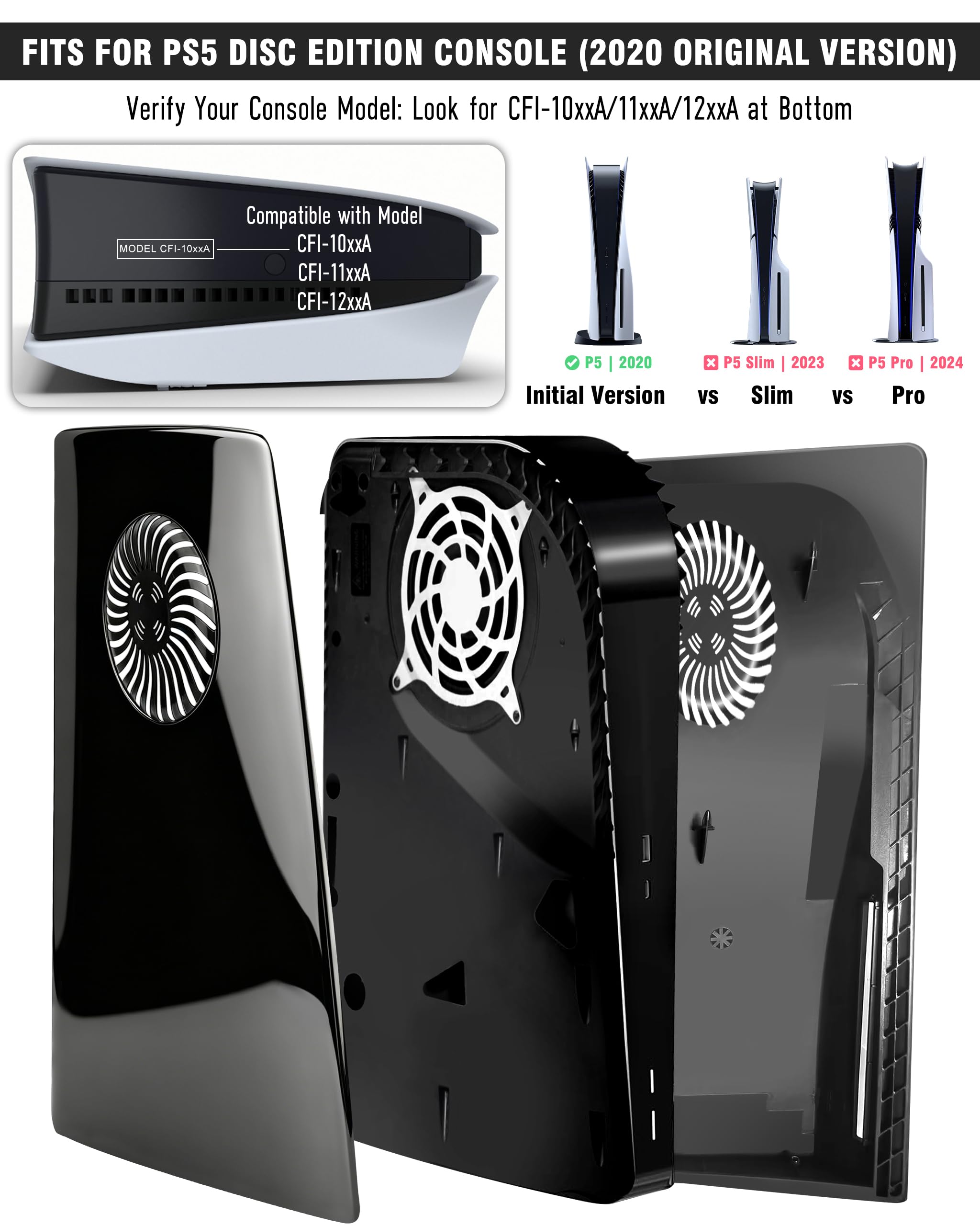 Joso Plaque Faceplate de style brillant pour PS5 Disc Edition, boîtier de rechange anti-rayures et anti-poussière pour console PS5 (CD-ROM) avec ventilation de refroidissement, plaques pour