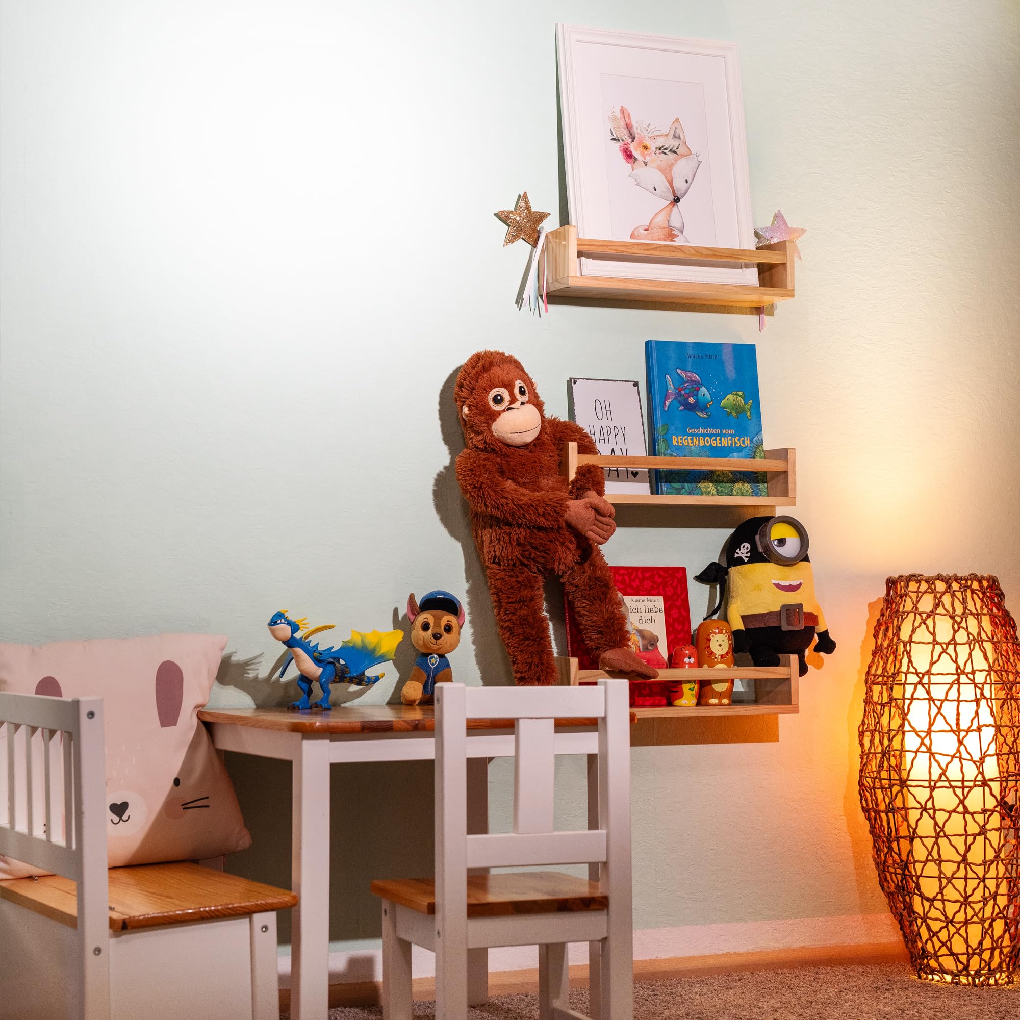 MaLa - 3er Set Natur Bücherregale aus Massivholz – Schweberegal Kinderzimmer Badezimmer Küche Wohnung – Montessori Wandregal für Spielzeug Bilder und Bücher | Abgerundete Ecken