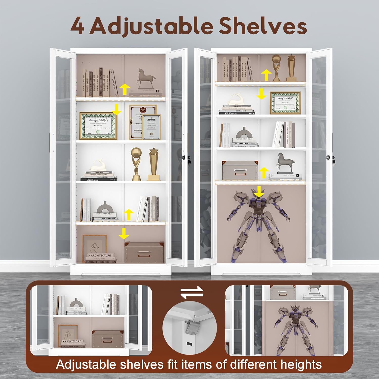 Lockable Display Cabinet with Glass Doors, Curio Cabinets with 4 Adjustable Shelves, Liquor Bookcase Bookshelf with Doors, Metal Storage Cabinet for Living Room Pantry, White