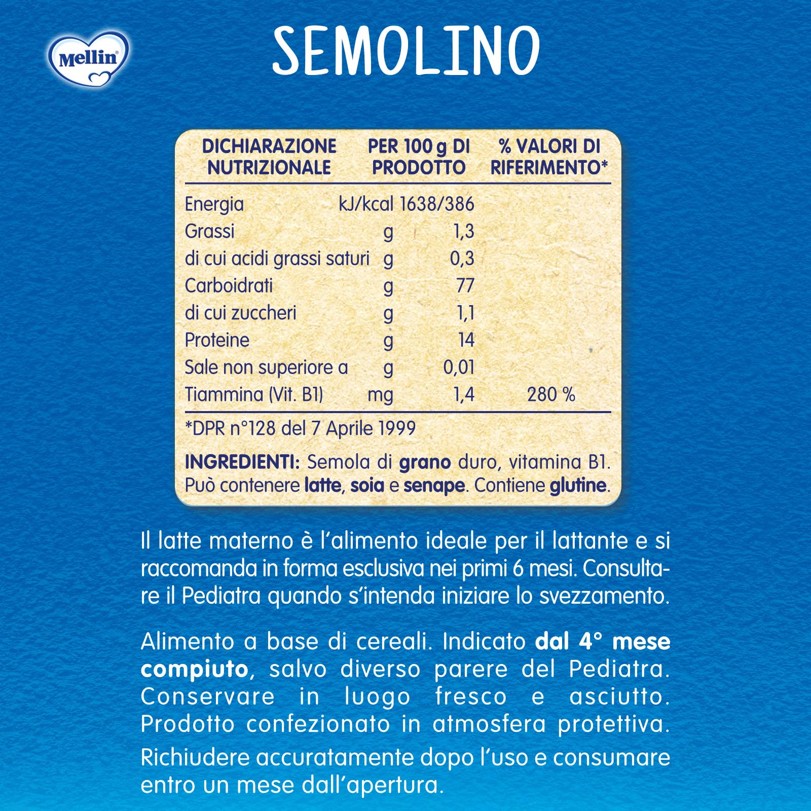 Mellin - Semolino - Alimento con Vitamina B1, per Bambini dal 4° Mese Compiuto - 6 Confezioni da 400gr (Totale 2400gr)