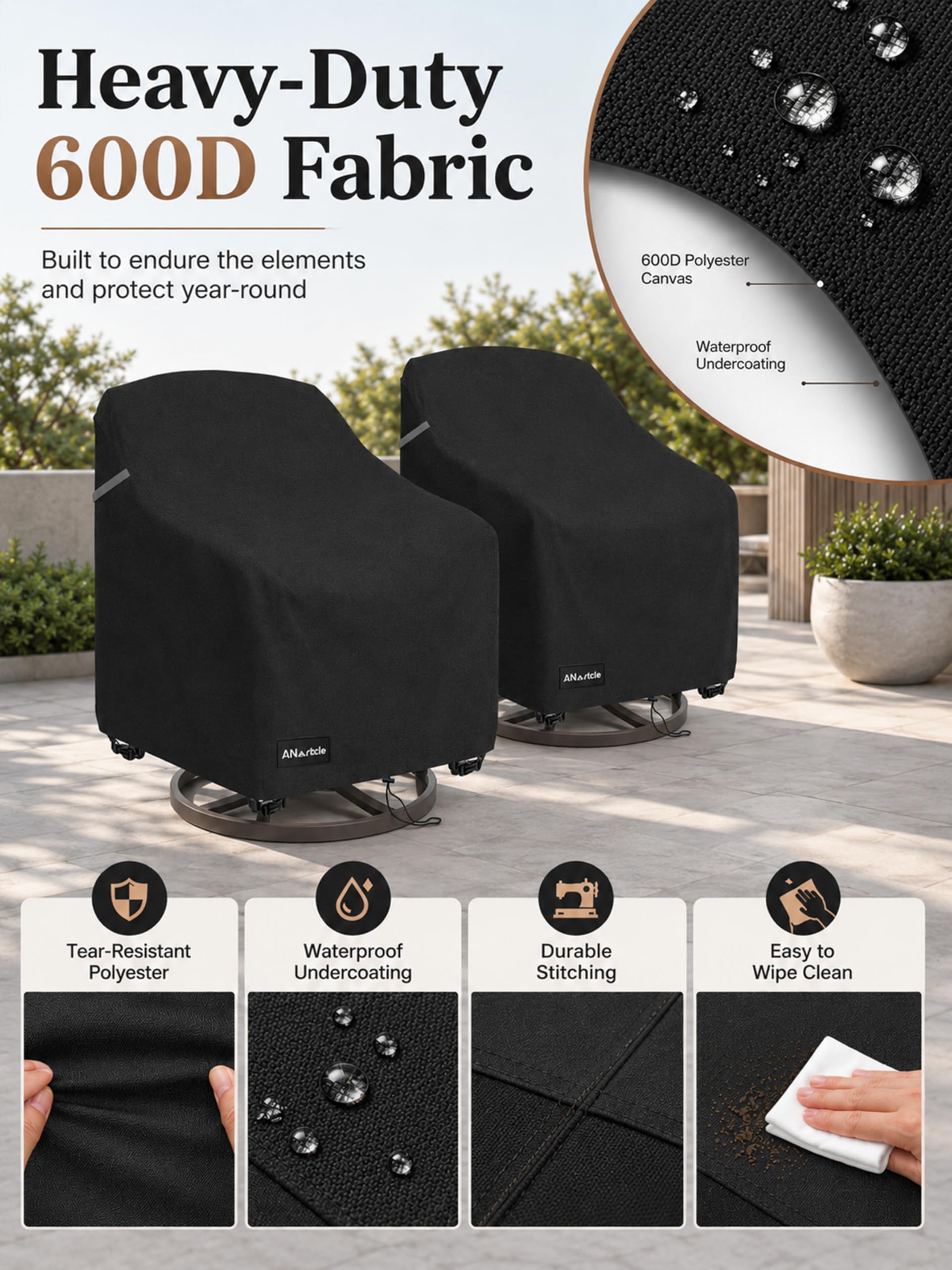 ANartcle Lot de 2 housses de chaise pivotantes imperméables et résistantes pour meubles d'extérieur (76,2 x 86,4 x 97,5 cm) - Noir.