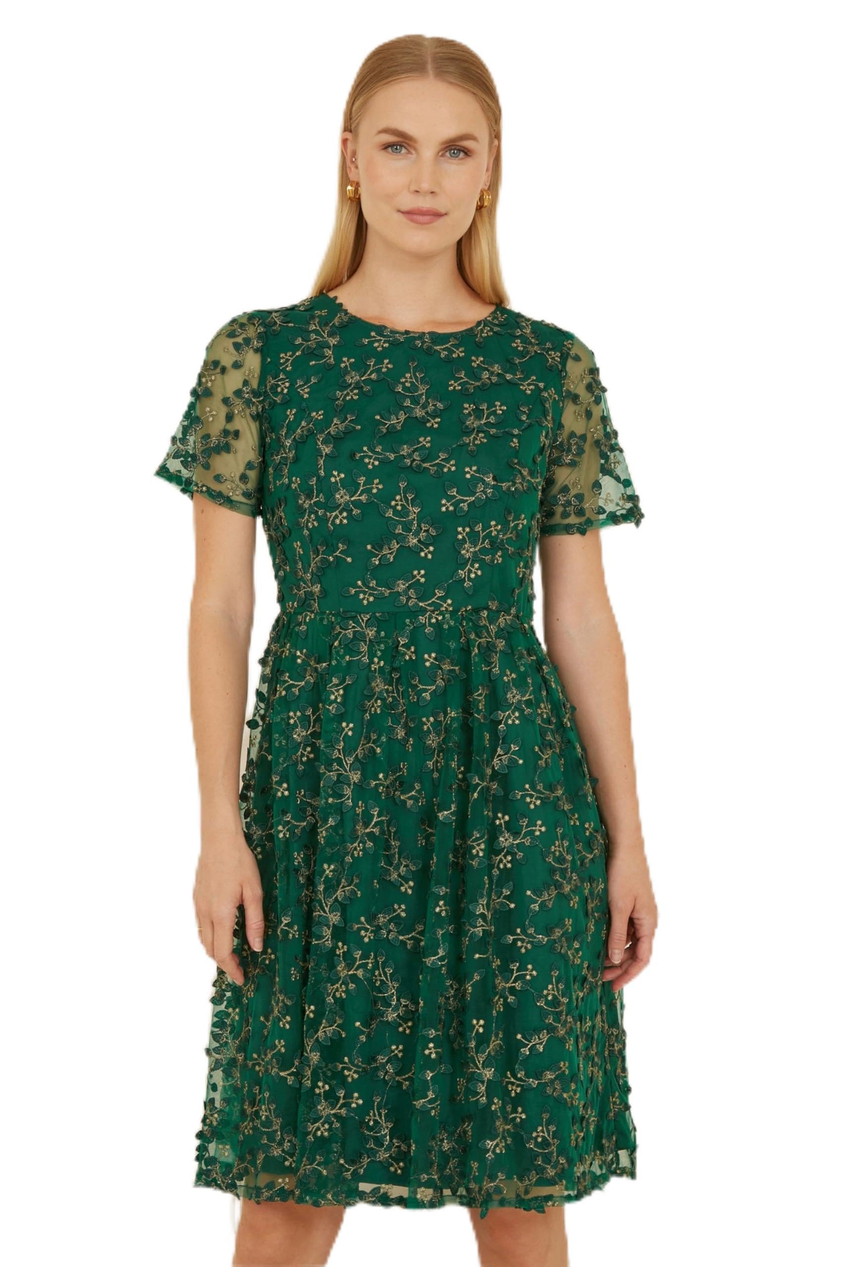 Yumi Green Embroidered Floral Skater Dress 14 Green