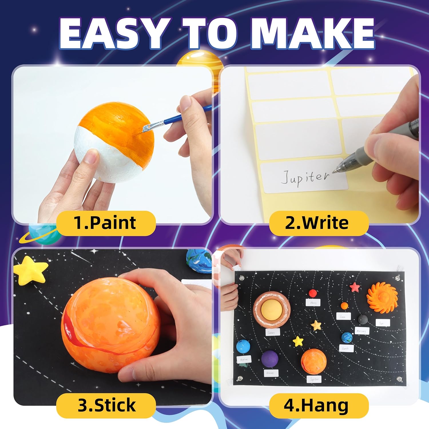 Solar System Project Kit for Kids, Solar System Model Toy Kit for Kids, Learn School Space Planet Science Project of Mix Foam Balls, Planet Felt Board, Brushes, Adhesive Hooks, Instruction - Image 3
