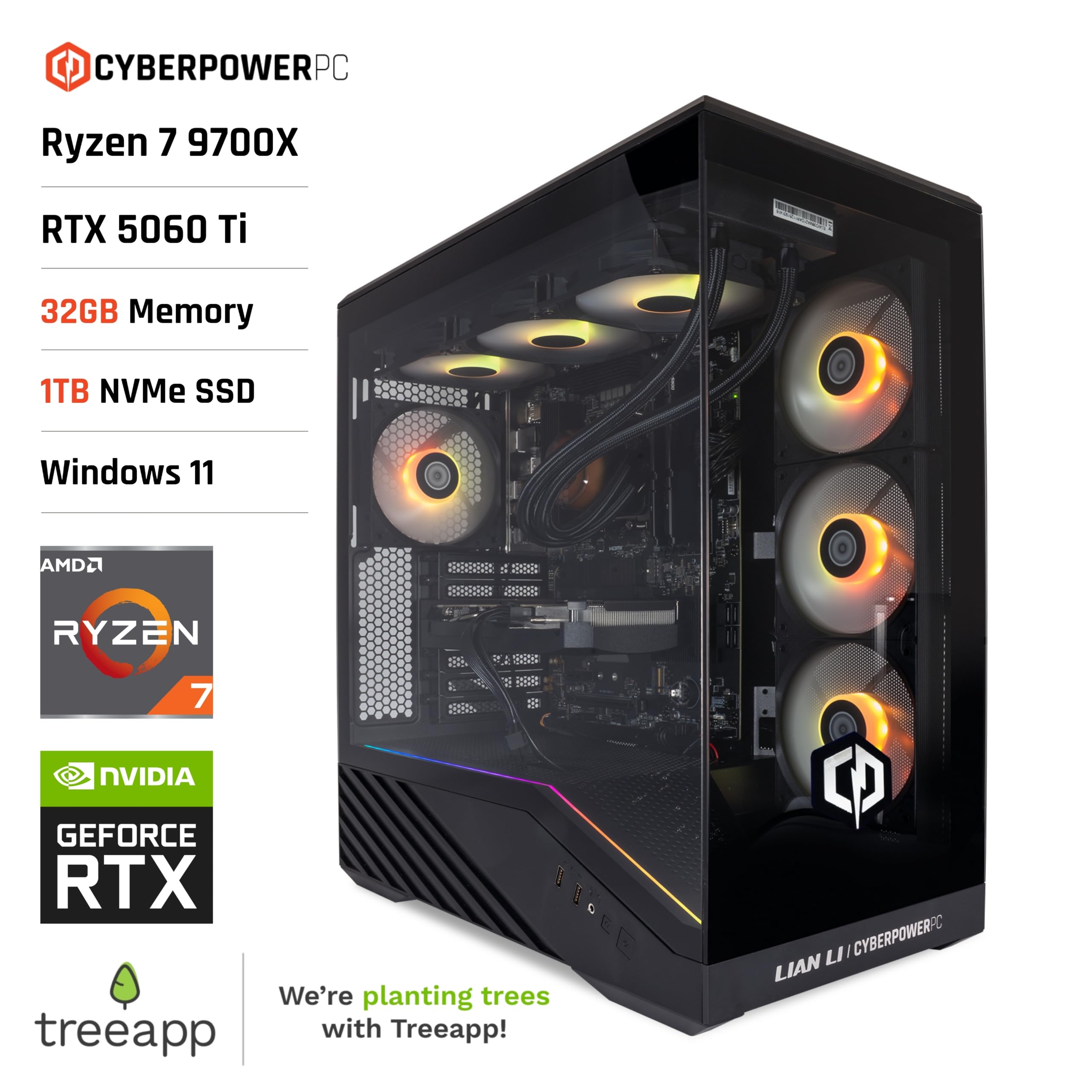 CyberPowerPC Luxe Gaming PC - AMD Ryzen 7 9700X, Nvidia RTX 5060 Ti, 32GB RAM, 1TB NVMe SSD, 650W PSU, Windows 11, Liquid Cooling, V100R