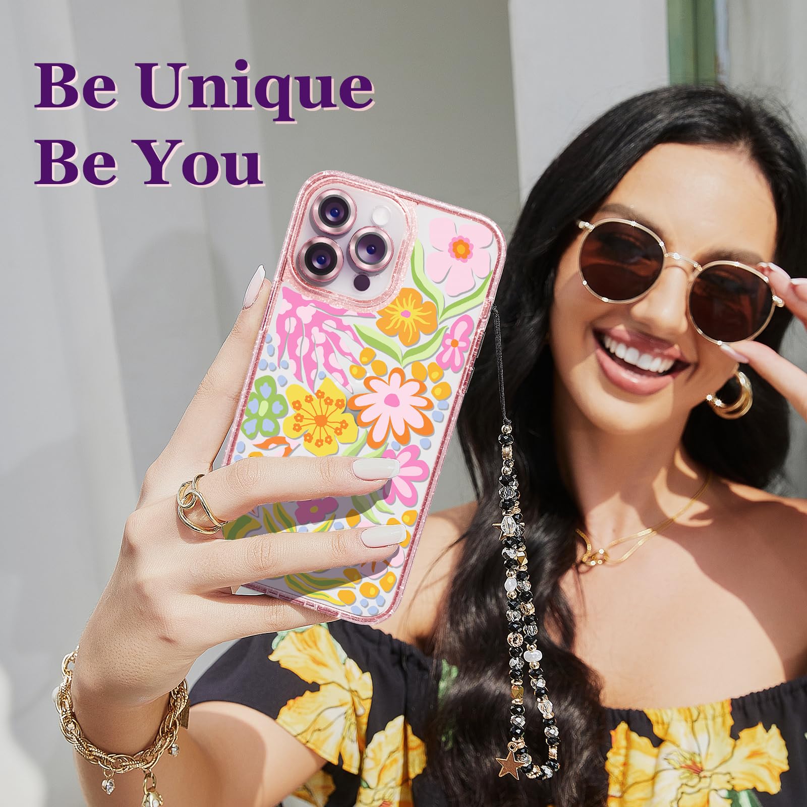 Funda compatible con iPhone 13 Pro Max, bonita estética, funda rosa con purpurina y protector de cámara, diseño femenino de flor de la pasión para mujer y niña de 6.7 pulgadas
