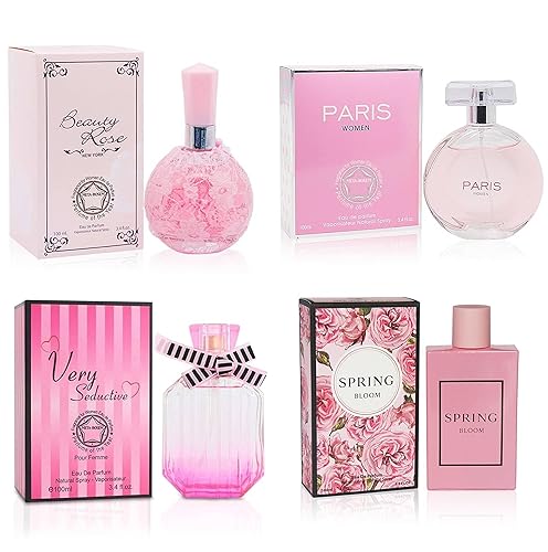 META-BOSEM Colección de perfumes rosas de 4 piezas (Beautiful Rosy+Paris para mujer+muy sexy+Spring Blom), Eau de Parfum en aerosol natural, aroma