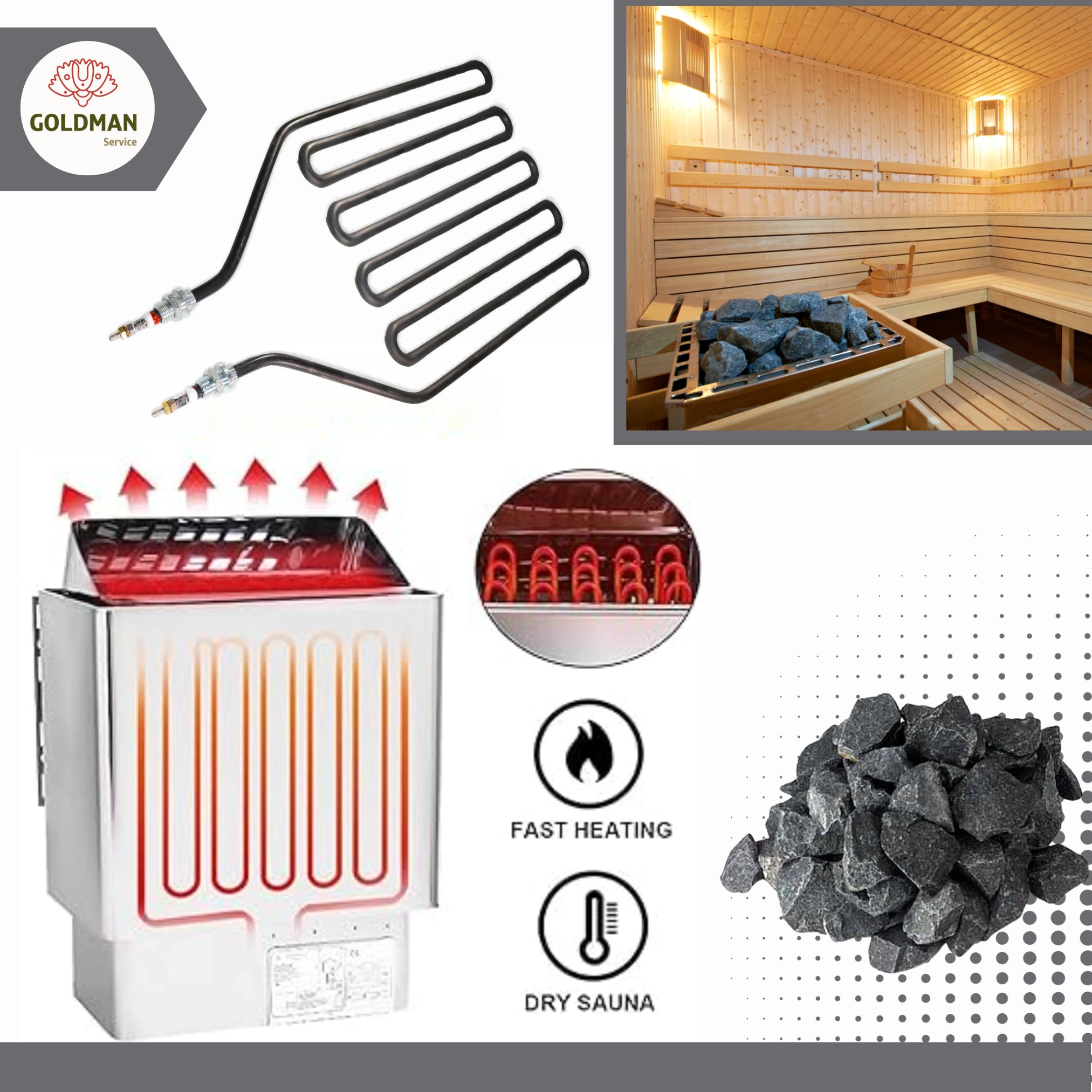 GOLDMAN SERVICE Resistencia para Estufa de Sauna - Alta Potencia 2000W - Recambio Compatible para Horno Calefactor de Sauna Finlandesa, Spaa, Clubs, Hotel. Medida: 375 x 224 milímetros