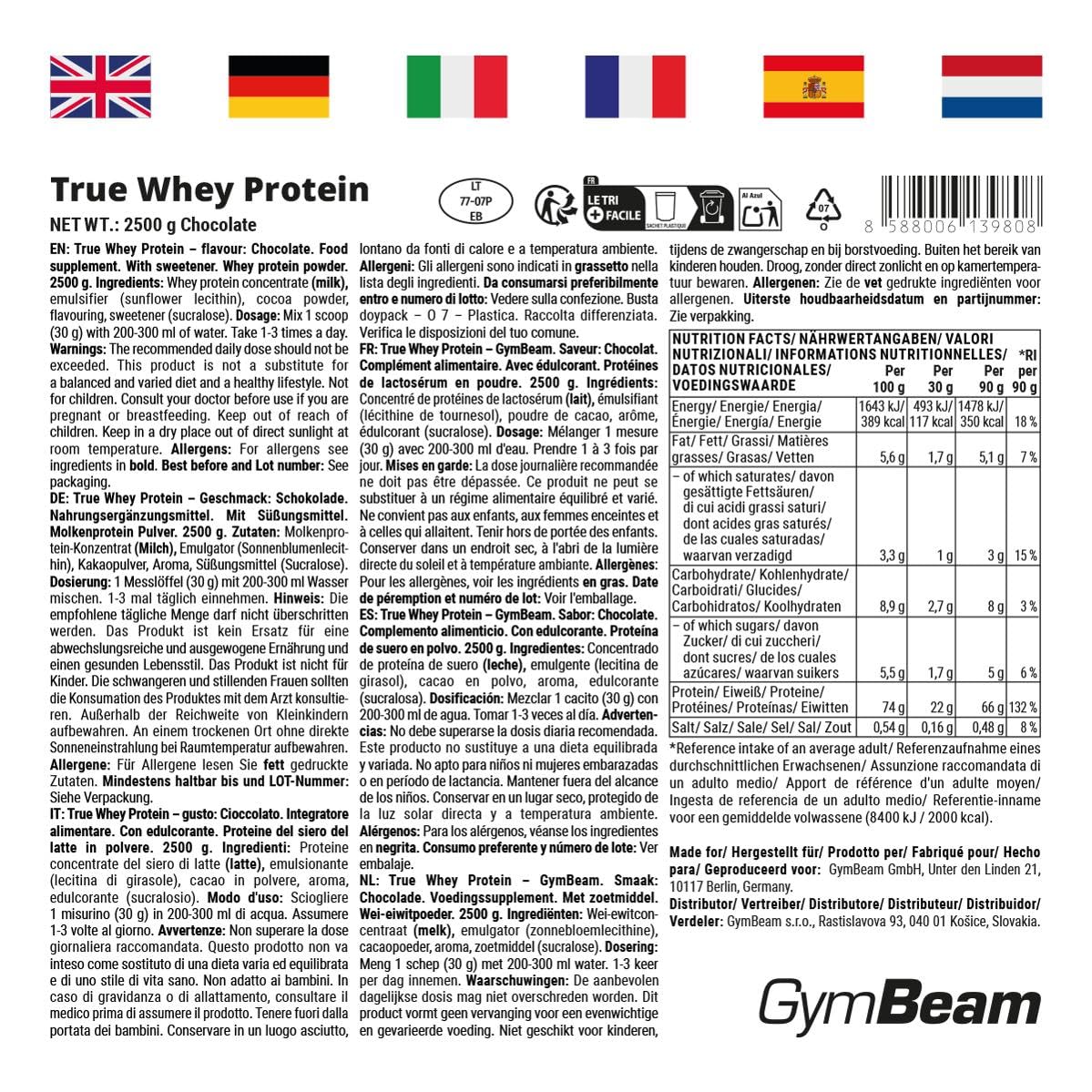 GymBeam True Whey Protéine de Lactosérum (WPC) – Jusqu'à 23 g de Protéines et 5,9 g de BCAA par Dose, Saveur Chocolat, Fabriqué en Europe, 2500 g (83 portions)