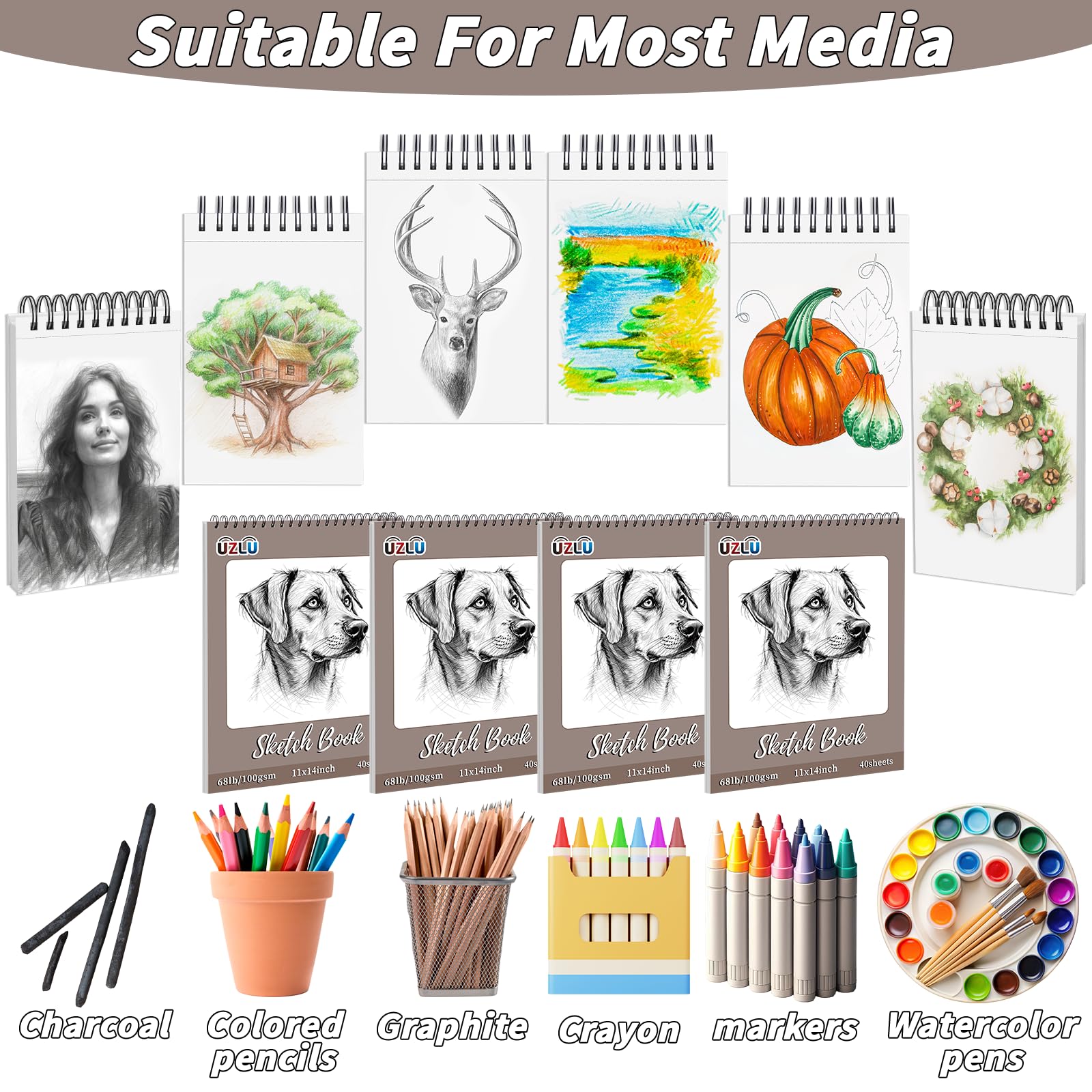 UZLU 4 cuadernos de bocetos a granel de 11 x 14 pulgadas, 160 hojas de papel de dibujo encuadernado en espiral superior, 40 hojas cada una sin ácidos, cuaderno de bocetos de medios mixtos de 70 libras