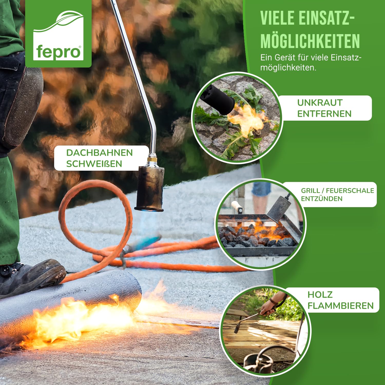 Fepro Quemador de gas con manguera de 4,5 m, reductor de presión de 4 bares y accesorios, 58 kW – ideal para destruir malas hierbas, encendedores, soldadura de betún, etc.