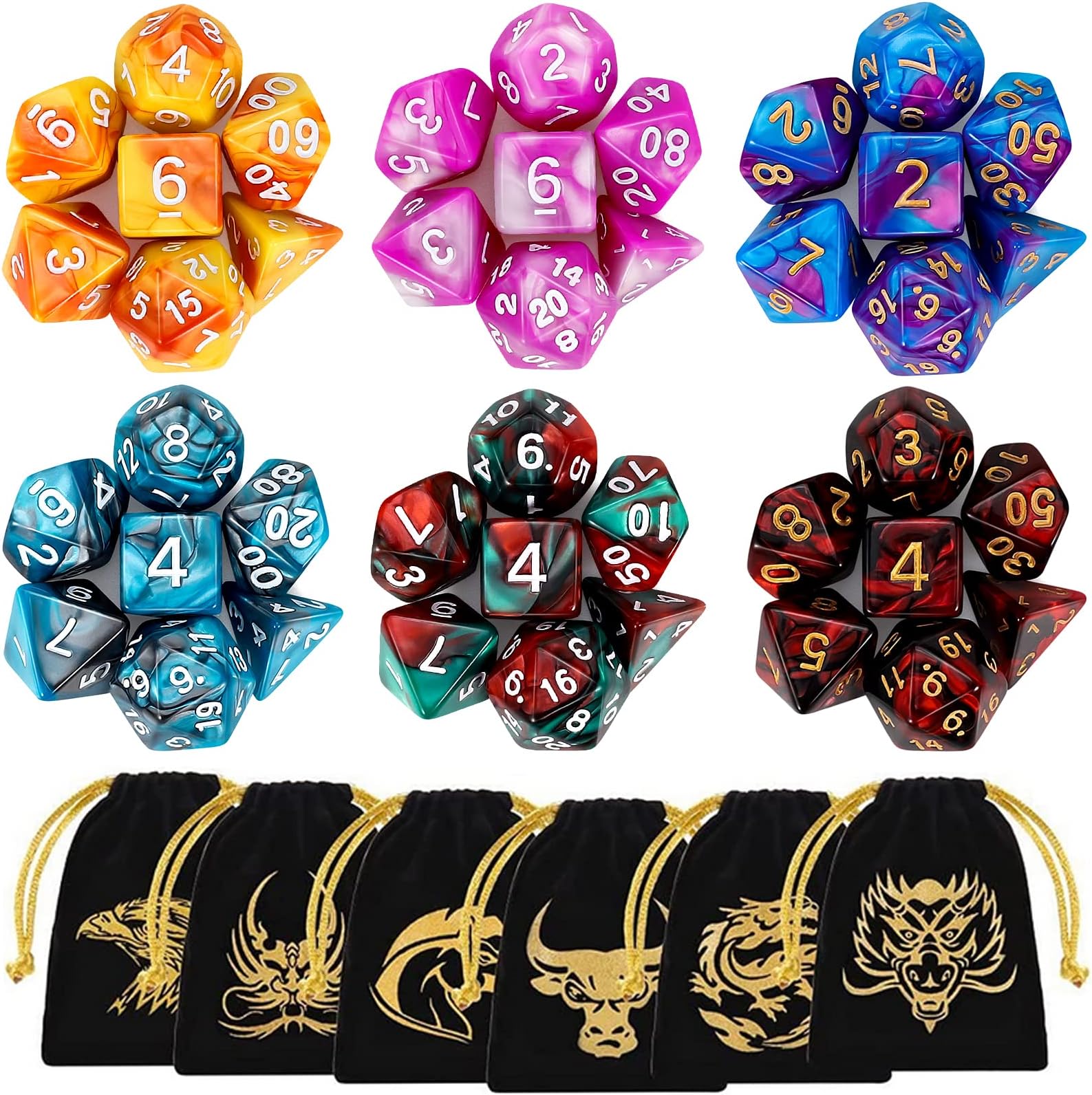 DND Dice, QMAY 6 x 7 Set Polyhedral Double-Color Dice Sets with 6 Gold Pattern Drawstring Pouches for Dungeon and Dragons MTG Table Games RPG DND D20 D12 D10 D% D8 D6 D4