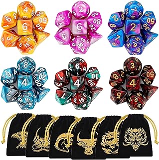 DND Dice, QMAY 6 x 7 Set Polyhedral Double-Color Dice Sets with 6 Gold Pattern Drawstring Pouches for Dungeon and Dragons MTG Table Games RPG DND D20 D12 D10 D% D8 D6 D4