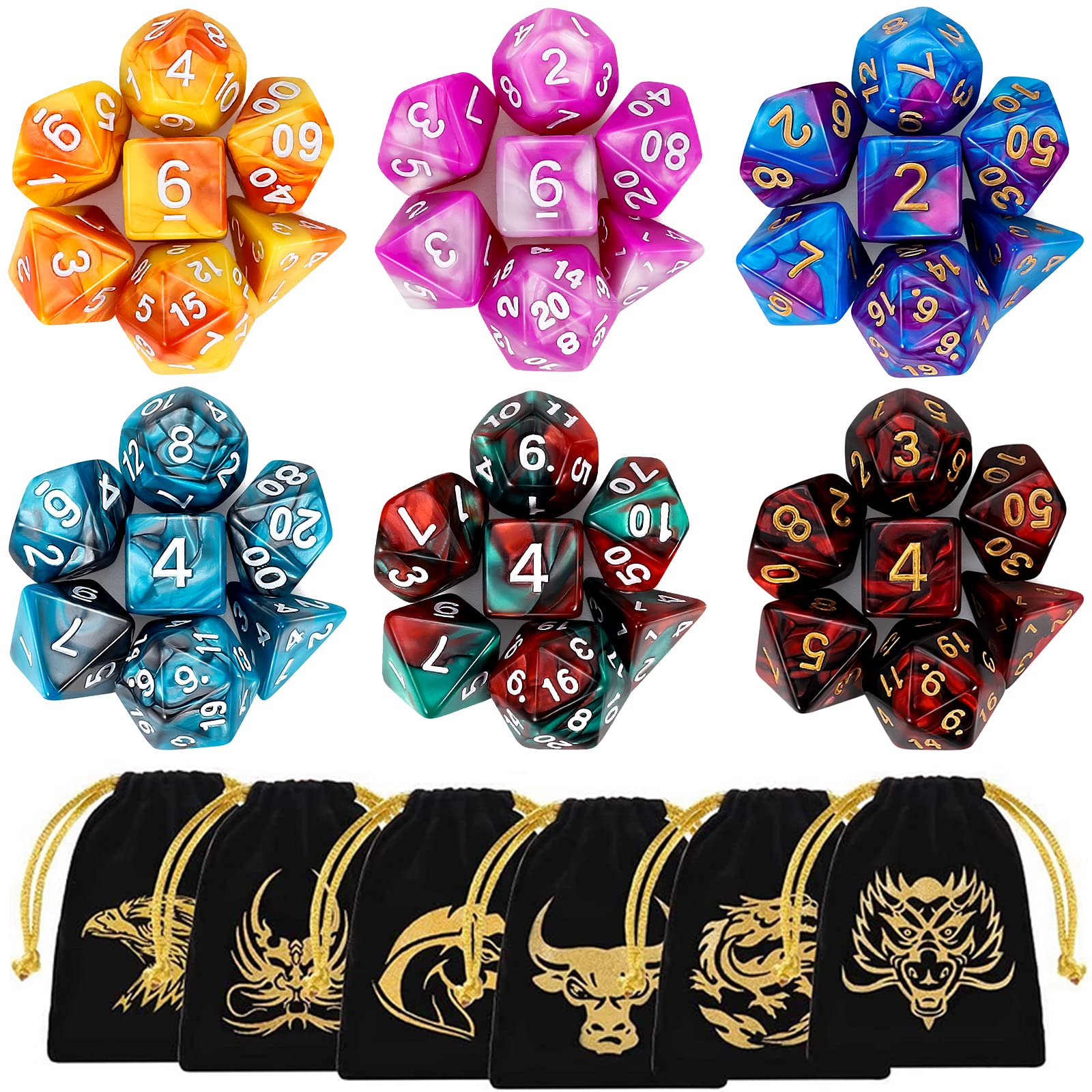 DND Dice, QMAY 6 x 7 Set Polyhedral Double-Color Dice Sets with 6 Gold Pattern Drawstring Pouches for Dungeon and Dragons MTG Table Games RPG DND D20 D12 D10 D% D8 D6 D4DND Dice, QMAY 6 x 7 Set Polyhedral Double-Color…