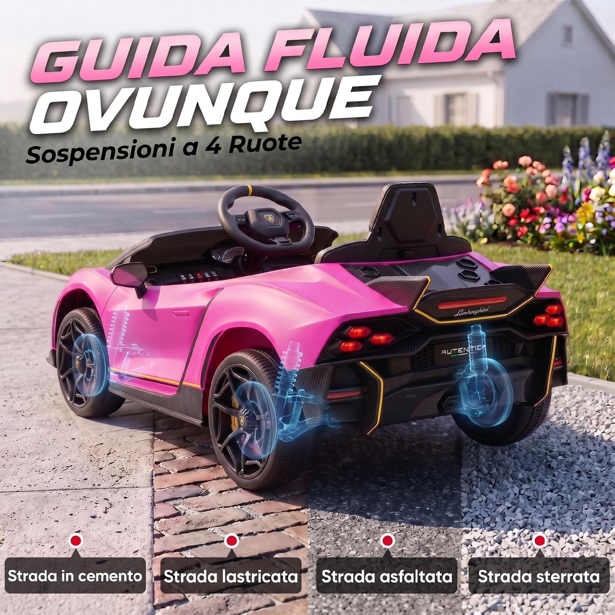AIYAPLAY Macchina Elettrica per Bambini 3-6 Anni 12V Lamborghini Autentica, 3-5km/h Auto Elettrica per Bambini con 2 Motori, Porta a Forbice, Sospensioni, Fari, Musica, Telecomando, Cintura, Rosa