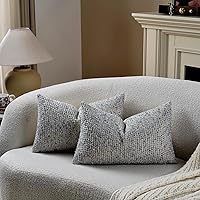 Vista 4 de Juego de 2 fundas de almohada a rayas de 12 x 20 pulgadas, color azul texturizado, boucle chic Morden bohemio acento rústico rectangular lumbar