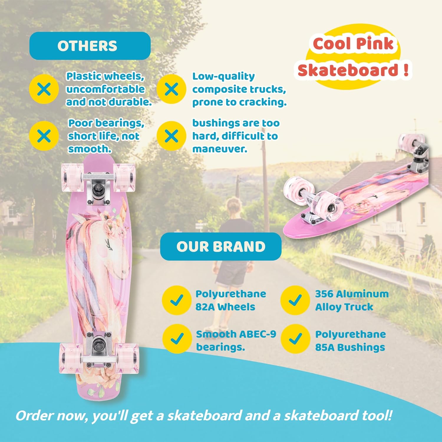 KMX Skateboard 22 and 27 Inch, Classic Mini Cruiser Skateboard for Boys, Girls, Kids, Students, Adults, Teens, Mini Cruiser Board for Beginners and Advanced