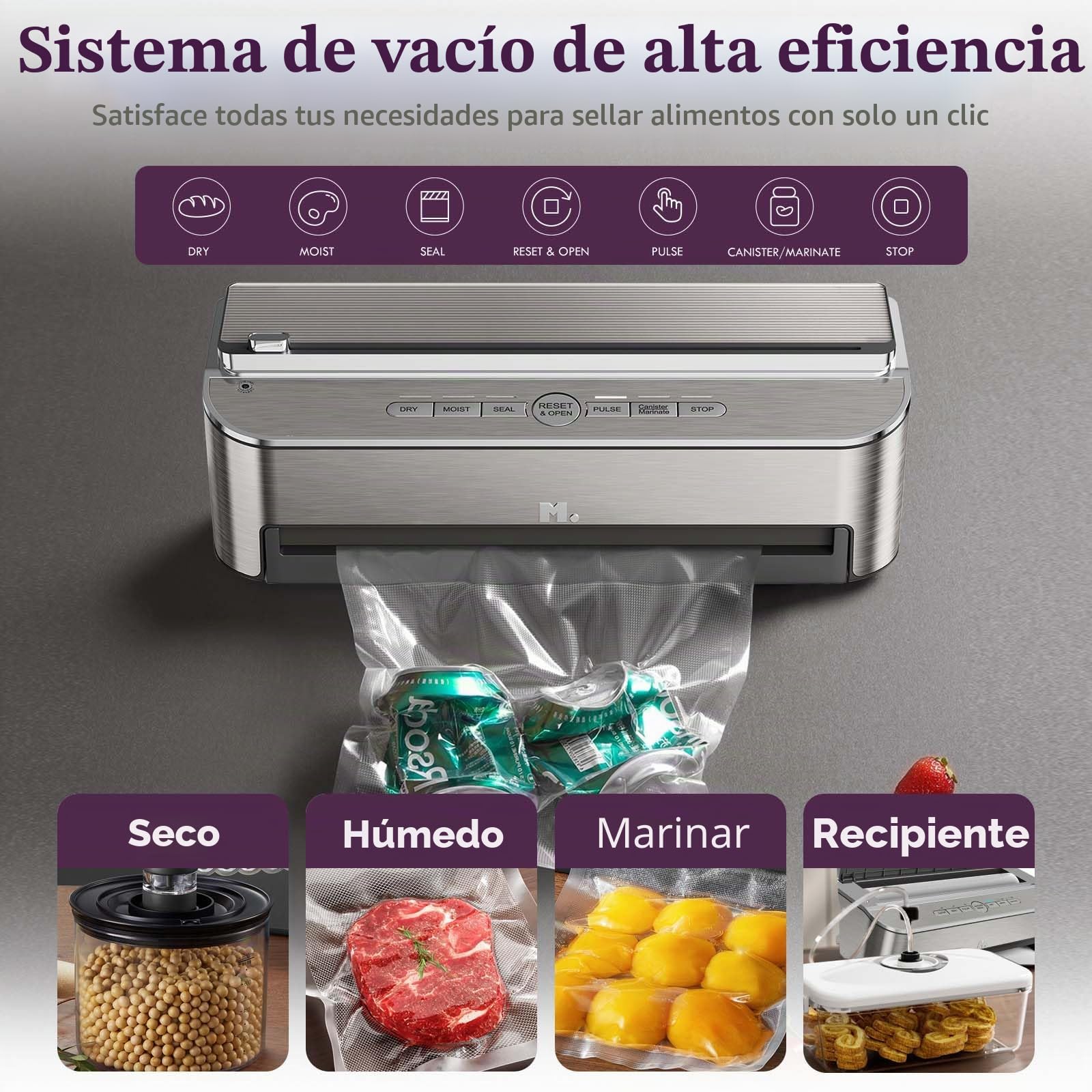 Mesliese 85kPa 120W Envasadora al Vacío, Cortador, 2 Rollos | 85kPa/120W, cortador y almacén integrados, modos seco/húmedo, tira 11,8", 2 rollos + 5 bolsas, garantía 5 años.