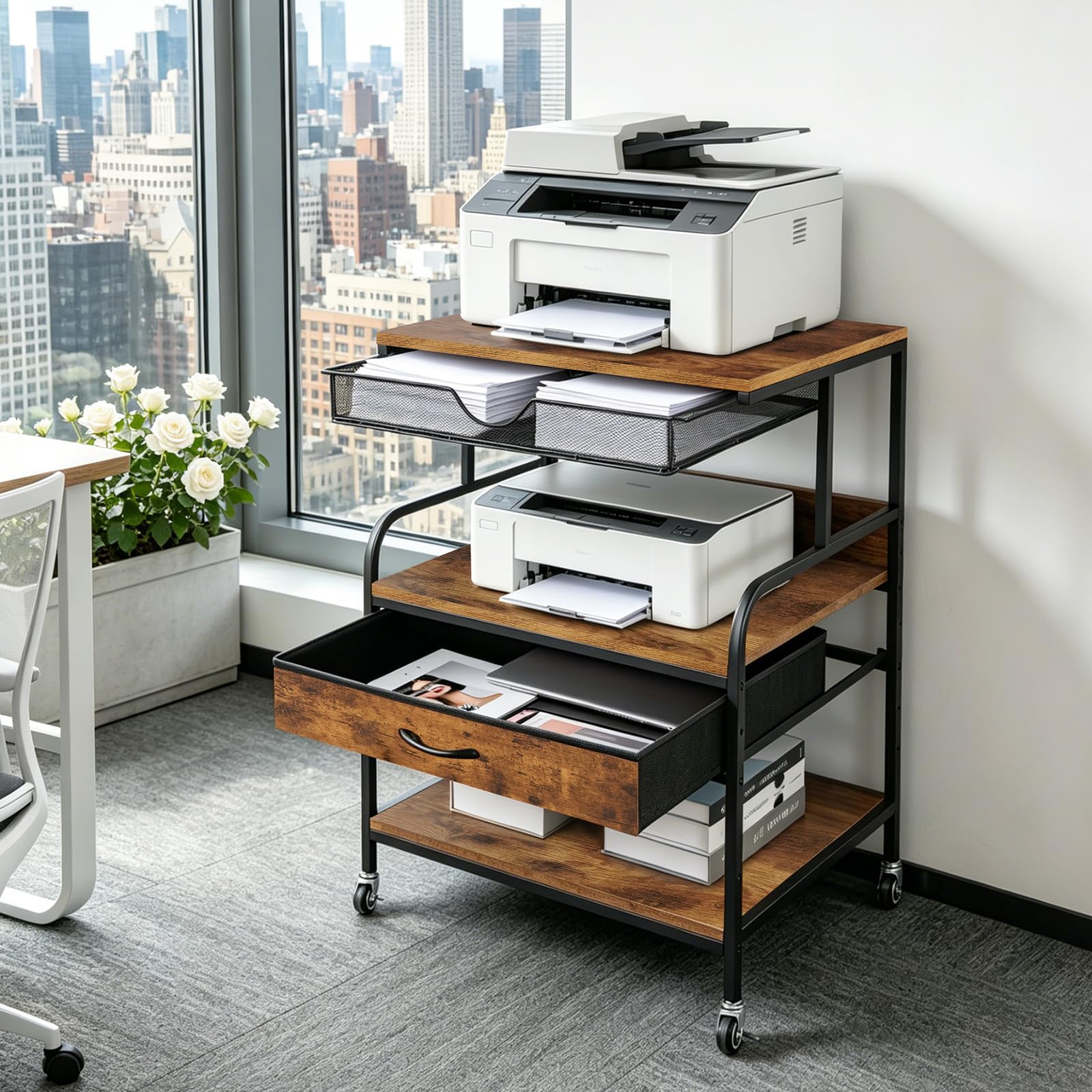 JSHNE Large Printer Stand with Storage Drawer and Wheels, 3 Tier Printer Table with 5-Adjustable Heights, Rolling Printer Cart with Wheels, Mobile Filing Cabinet for Office Home Fits 3D Printer